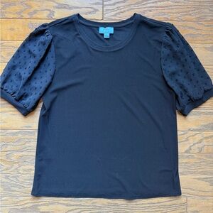 CeCe Black Puff Sleeve Blouse with Textured Swiss Dot Short Sleeve - Size XL